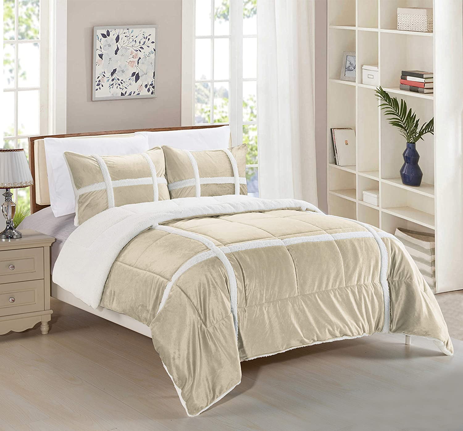 Elegant Comfort 3-Piece Olivia Stripe Sherpa Comforter Set, Comforter with Striped Pattern and Sherpa Backing, Textured & Comfortable Weight, Reversible Comforter Set, Queen, Cream Taupe
