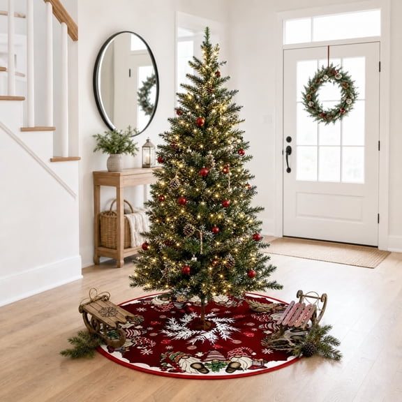 Round Christmas Gnome Snowflake Tree Skirt Mat, Winter Printed Circular Rug, for Under Xmas Tree Entryway Decor