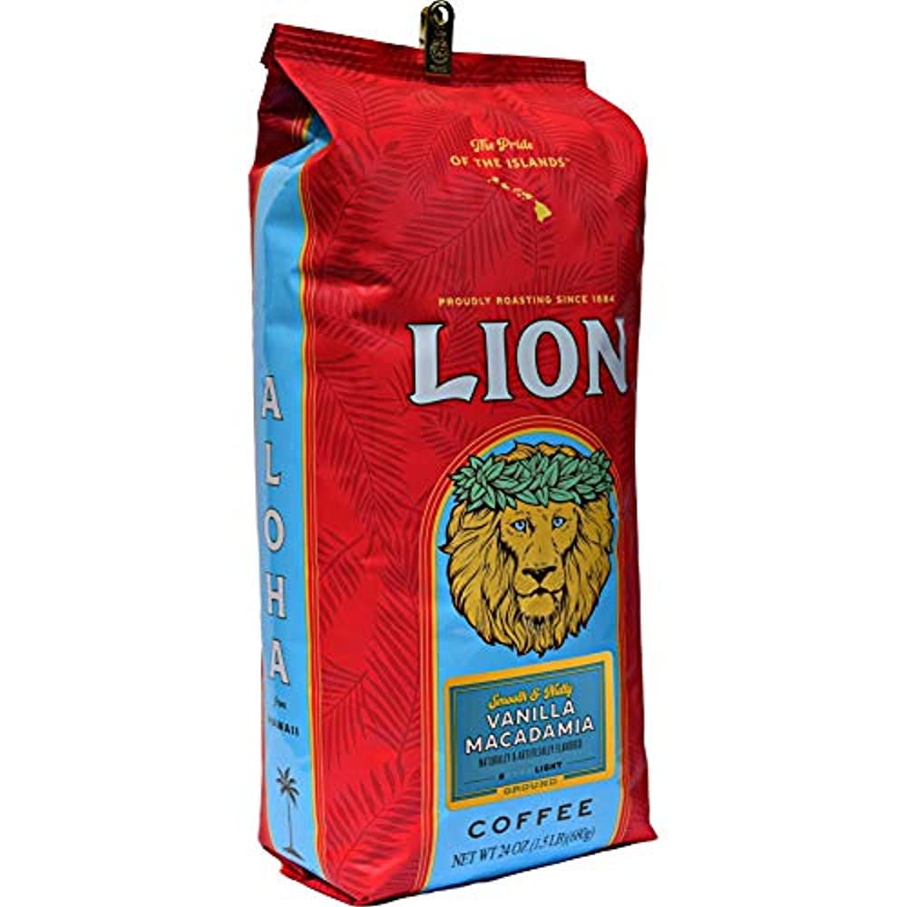 Lion Coffee, Vanilla Macadamia Flavor Light Roast - Ground Coffee, 24 Ounce Bag