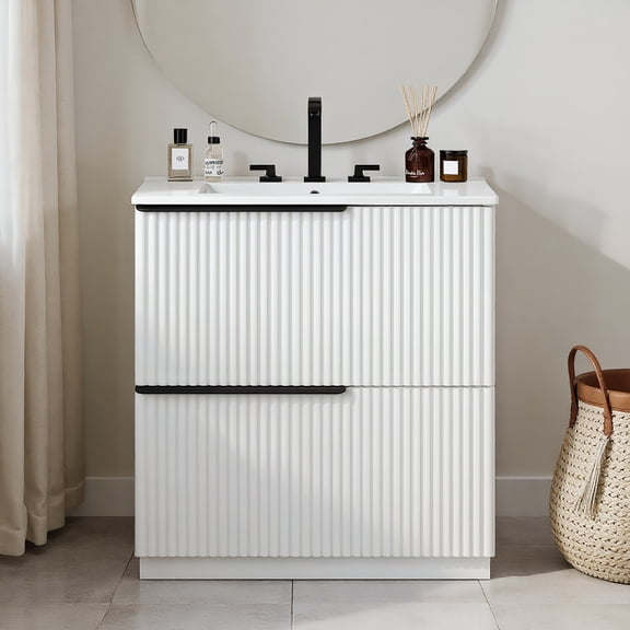 Resenkos 30" Freestanding Bathroom Vanity with Ceramic Sink, Full-Extension Drawers, Soft Close Slides, Fluted Design - White