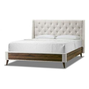 Glamour Home Arlo Fabric Queen Bed with Wings and Button Tufting in Beige