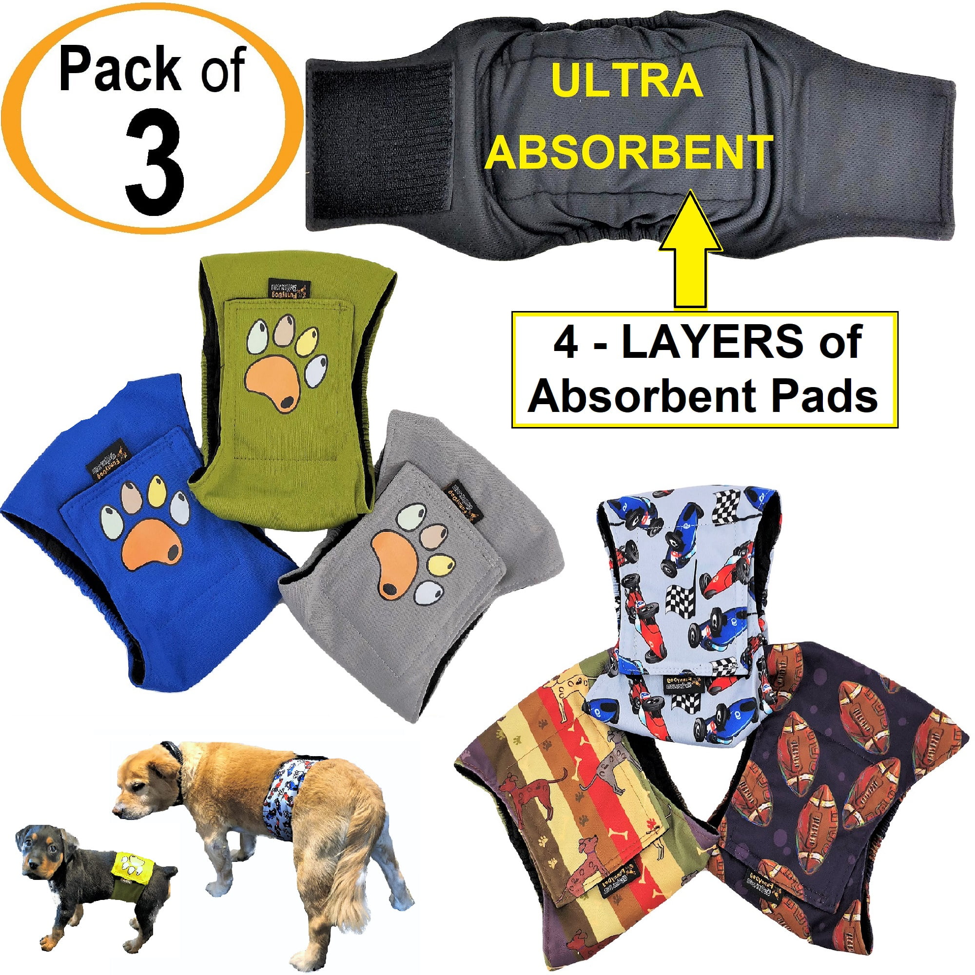 Pack of 3 Male Dog Diapers Belly Band Wrap Waterproof Leak Proof