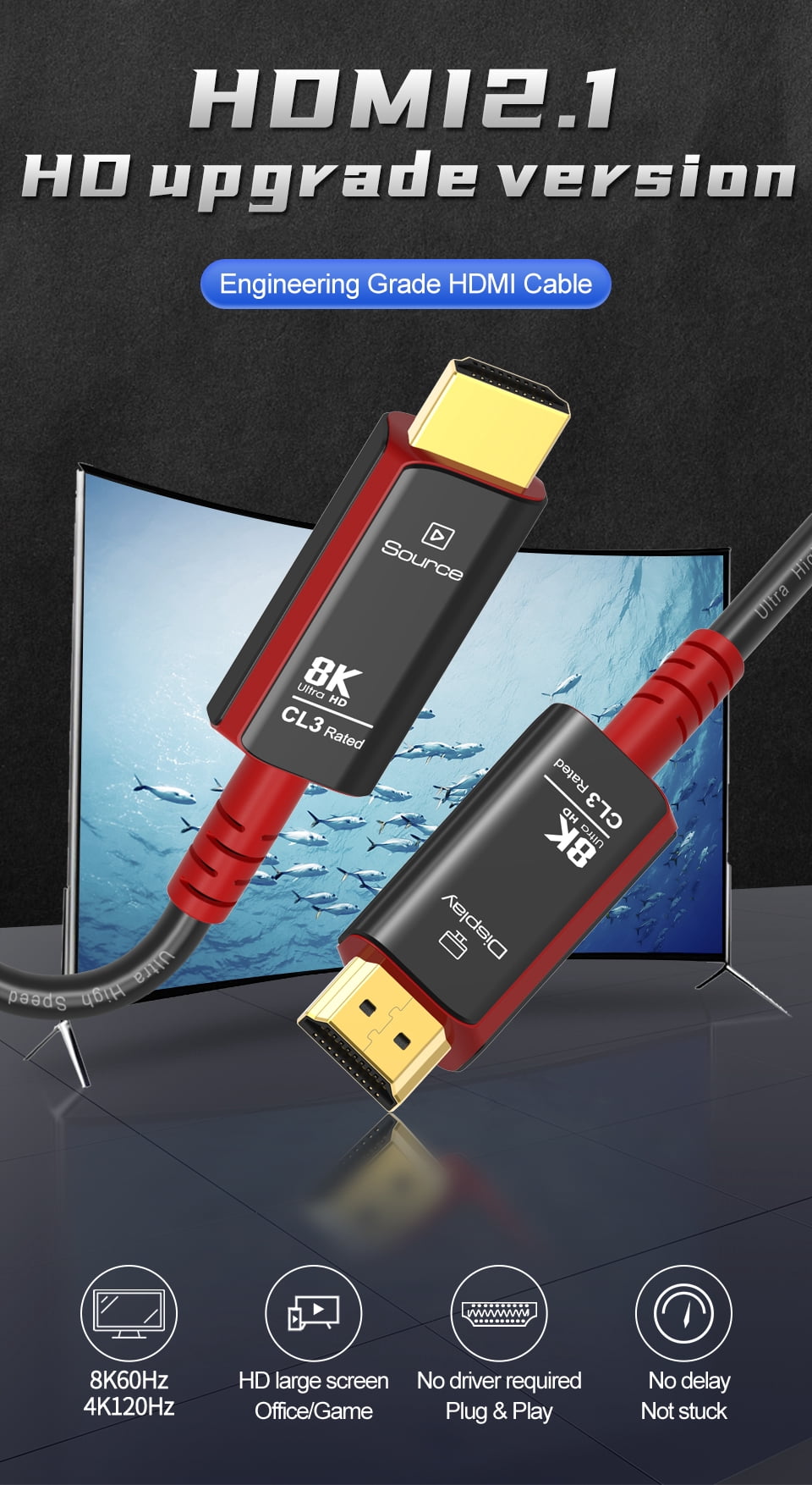 AUBEAMTO CL3 8K Fiber Optic HDMI 2.1 Cable 16Feet, Supports Ultra High Speed 48Gbps 8K@60Hz 4K@120Hz Dynamic HDR, eARC,ARR, Dolby Atmos, Compatible with PS5/Xbox Series X/Apple TV 4K, Roku/Samsung