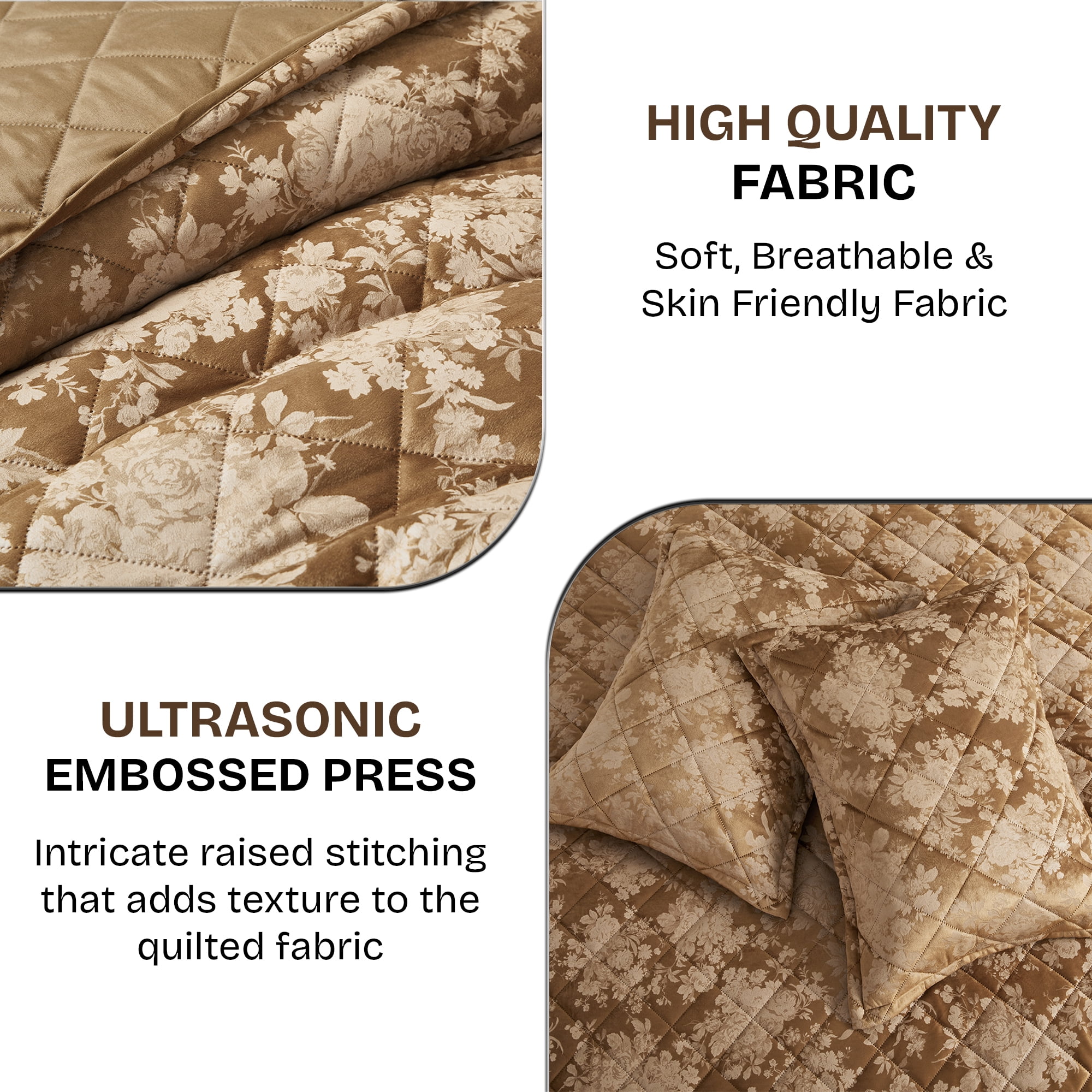 Ameha 3-Piece Velvet Quilt Set Floral Diamond Pattern Ultrasonic Embossed Bedspread Reversible Lightweight Microfiber Coverlet King Size Caramel