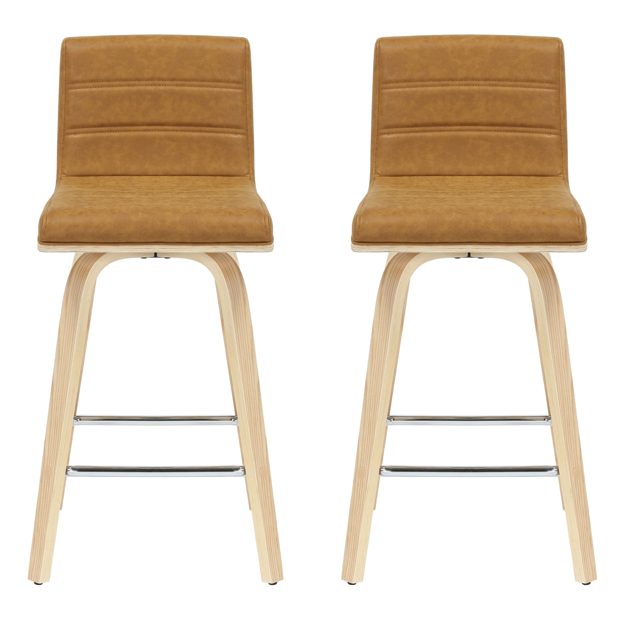 Vienna 35.5 in. H Swivel Counter Height Camel Square Back Wood Bar Stool with Faux Leather Seat Set of 2