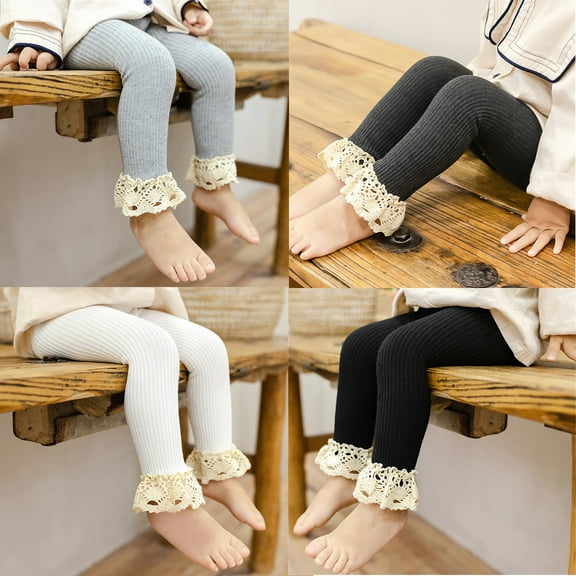Maxcozy Kids Baby Girls Cable Knit Stretch Leggings Toddler Footless Pants with Lace Trim Light gray 2-4 Years