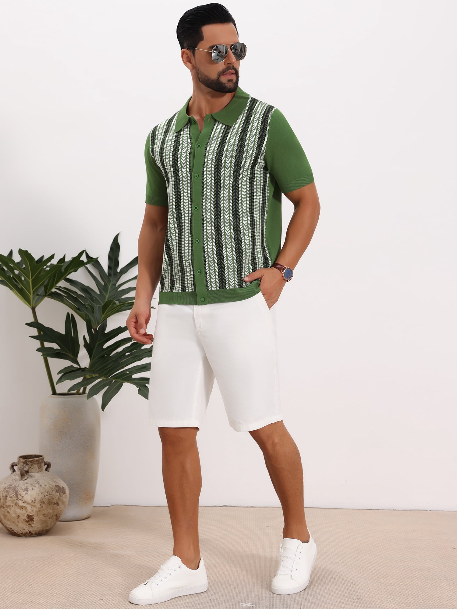 DARING DIVA Men's Striped Short Sleeves Button Down Jacquard Polo Shirts 2XL Green