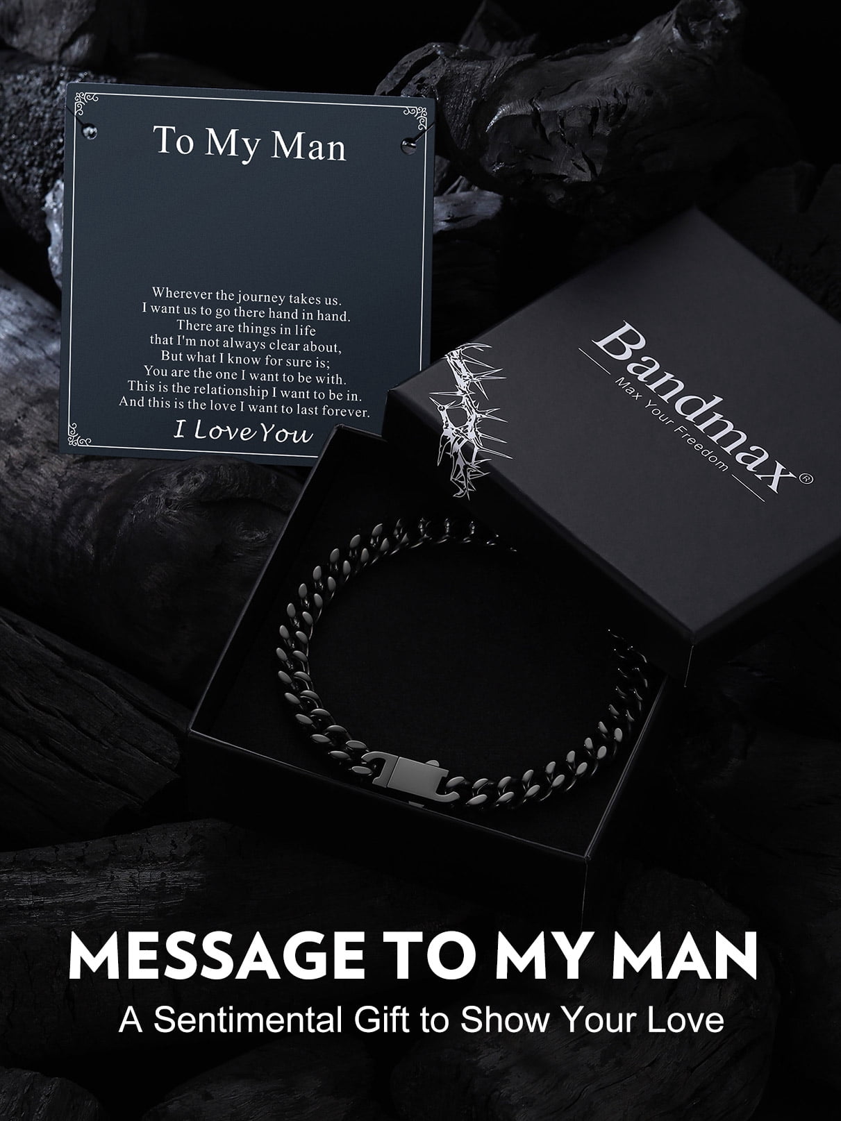 Bandmax 7MM Black Cuban Chain Bracelet for Men 8.3" Stainless Steel Hand Bracelets Gift with Card To Husband Valentine Father's Day Birthday