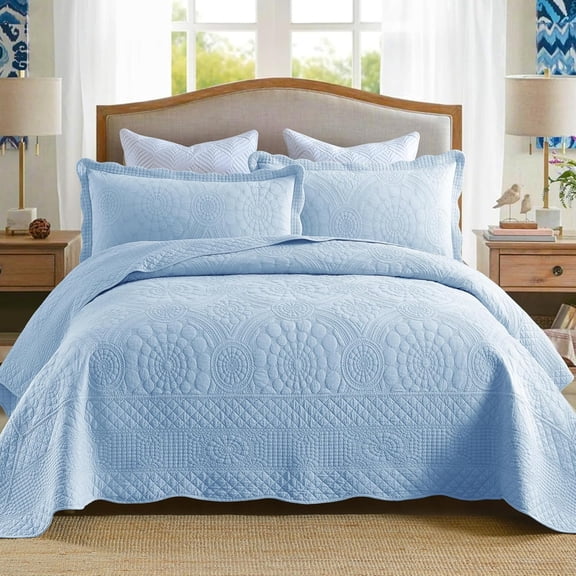 3-Piece 100% Cotton Oversized Bedspread Lightweight Quilt Coverlet Embroidery Farmhouse Bedding Set (Tf Light Blue, Oversized King (118"x106"))