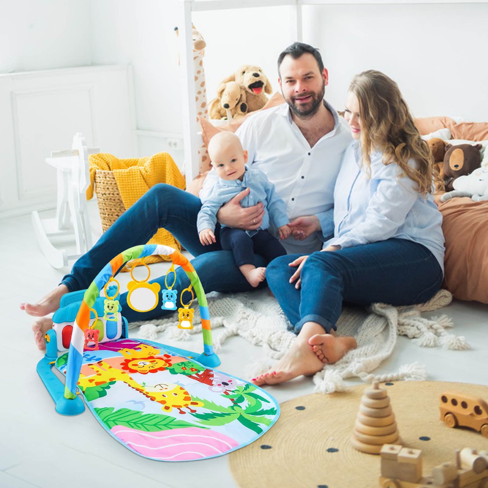 Ba-by Gym Play Mat with Kick and Piano, Tummy Time Activity Mat for Inf-ants Newborn+, Detachable Toys, Lights & Music, Machine Washable