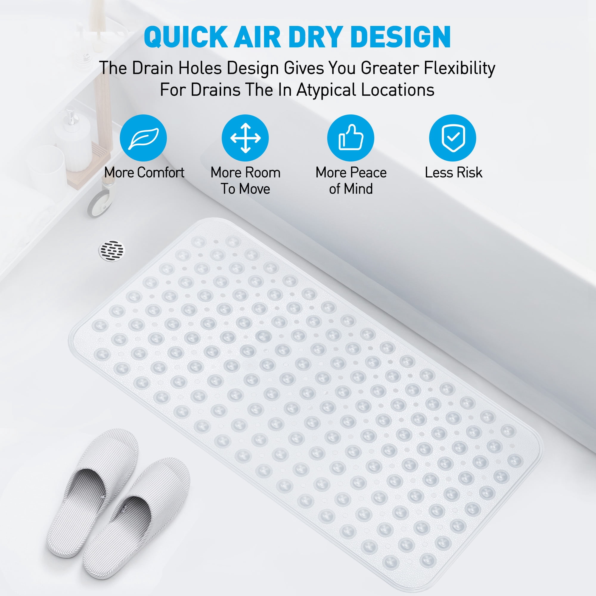 GPED BathTub Mat, Non-Slip Bath Mat, Machine Washable Shower Mat for Bathtub Floor Liner Mats with Suction Cups and Drain Holes, Clean and Soft on Feet, 27.6x15 Inch for Bathroom Floor, Clear