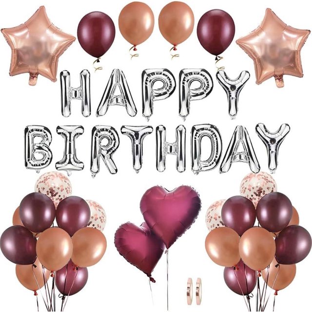 Guirnalda de cumpleaños con decoración de feliz cumpleaños en color burdeos y plateado