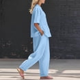 thumbnail image 5 of Linen Sets for Women 2 Piece Cotton 3/4 Sleeve Wrap Top And Wide Leg Pants Loose Fit Summer Outfit for Travel Beach, 5 of 5