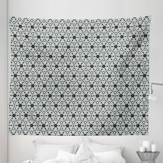 Grey and White Tapestry, Boho Style Greyscale Flower Motifs with Eastern Art Inspiration, Fabric Wall Hanging Decor for Bedroom Living Room Dorm, 5 Sizes, Charcoal Grey and White, by Ambesonne