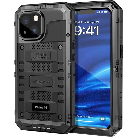 Waterproof Case for iPhone 14, Heavy Duty Shockproof Case with Built-in Screen Protector, Full Body Underwater Protective Metal Case 6.1 inch, Black