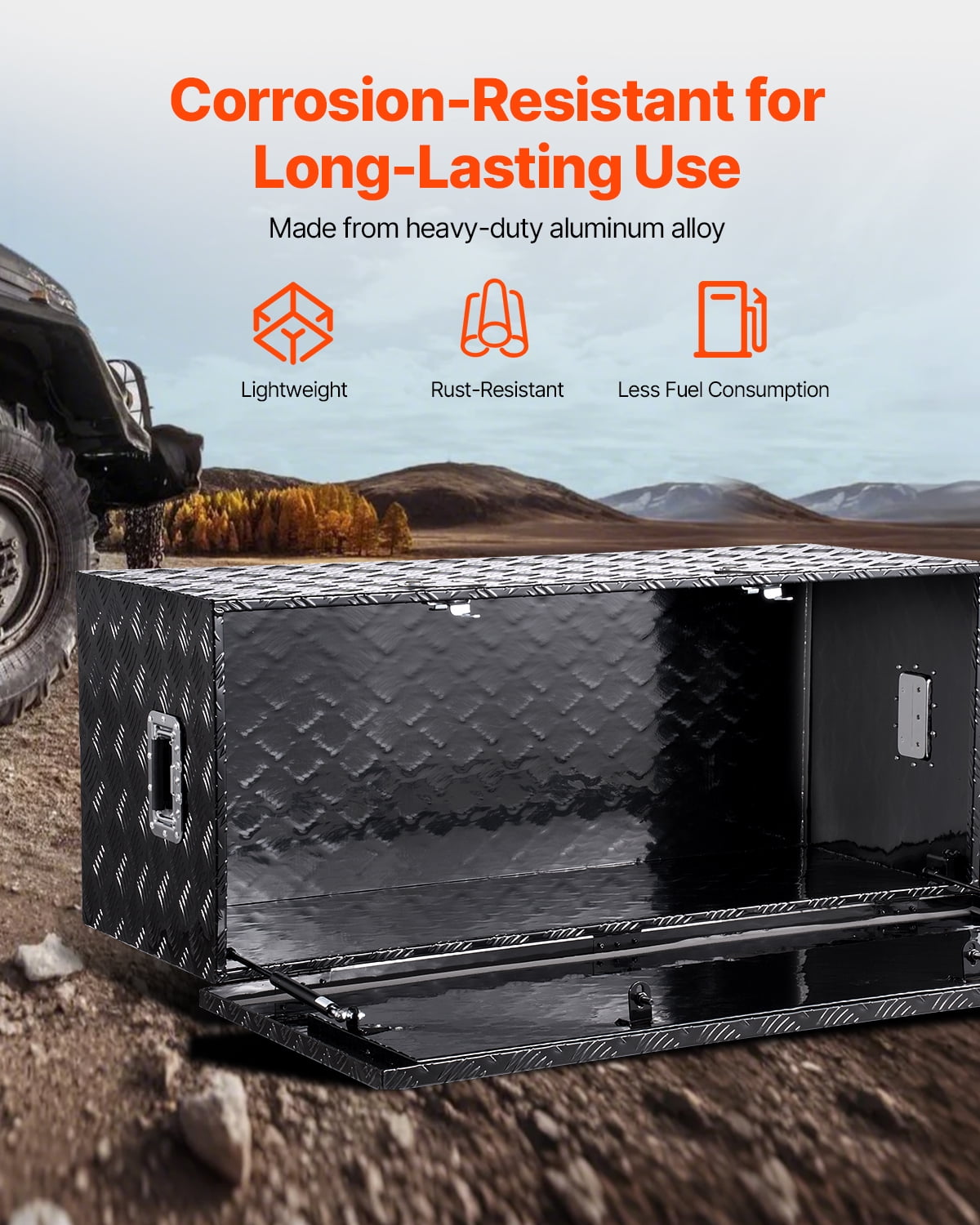 VEVOR Heavy Duty Aluminum Truck Bed Tool Box, Stripes Plated Tool Box with Side Handle and Locks Keys, Storage Toolbox Chest Organizer for Trailer, Pickup, Truck Bed, RV, 48"x19.5"x17.5", Black