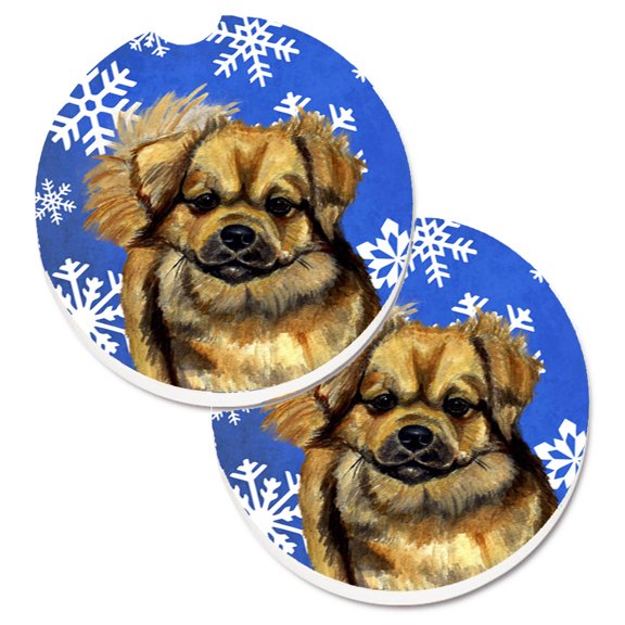 Tibetan Spaniel Winter Snowflakes Holiday Set of 2 Cup Holder Car Coasters
