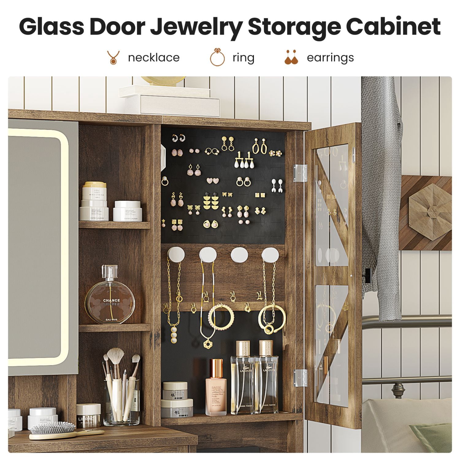 Farmhouse Vanity Desk with Mirror and Lights, Makeup Vanity Set with Lights & Jewelry Cabinet & 5 Drawers, Vanity Table with Charging Station, Hidden Storage Space for Bedroom, Brown