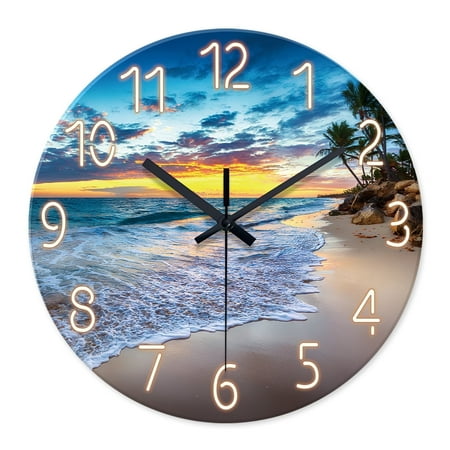 Bathroom Wall Clock Battery Operated 12 Inch - Glass Blue Wall Clock Non Ticking - Beach Wall Clock for Bedroom