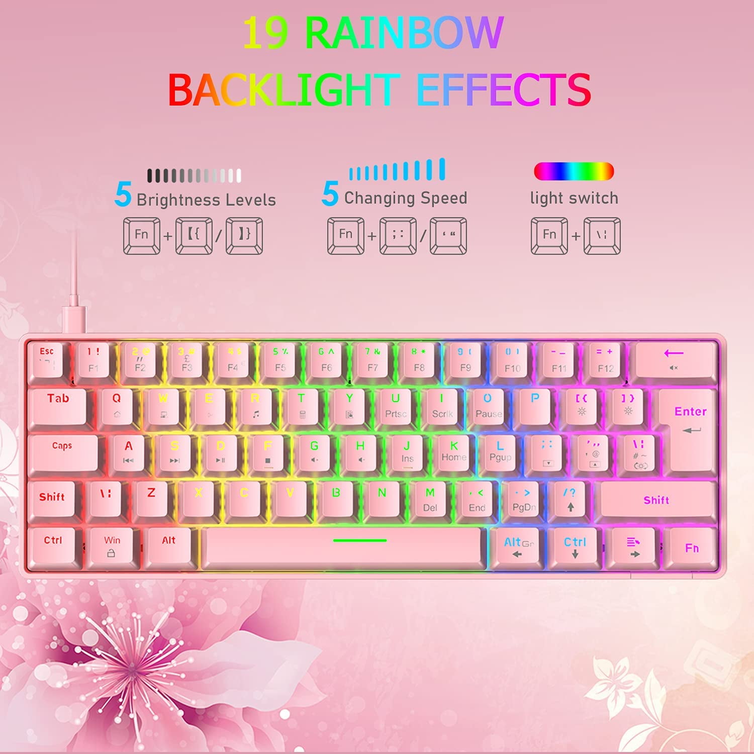 Lexontech T60 Wired Gaming Keyboard 60% True Mechanical Blue Keyboard Mini Portable 62 Keys 19 RGB Chroma LED Backlit Full Keys Anti-Ghosting for Gamers and Typists (Pink/Blue Switch)