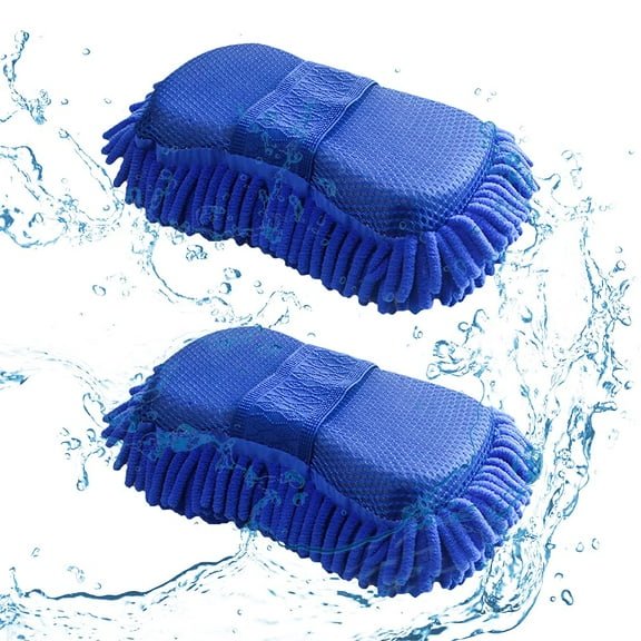 2 Pcs Chenille Wash Glove With Elastic Strap - Lint-Free Car Wash Sponge Mitt, Microfiber Car Cleaning Tool - Blue