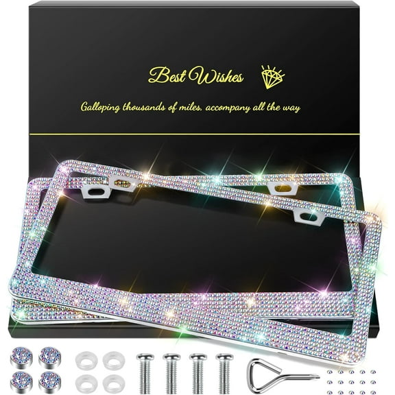 Bling License Plate Frames for Women, Sparkly Rhinestone Diamond Car Accessories with Glitter Crystal Caps (1 Pack Black)