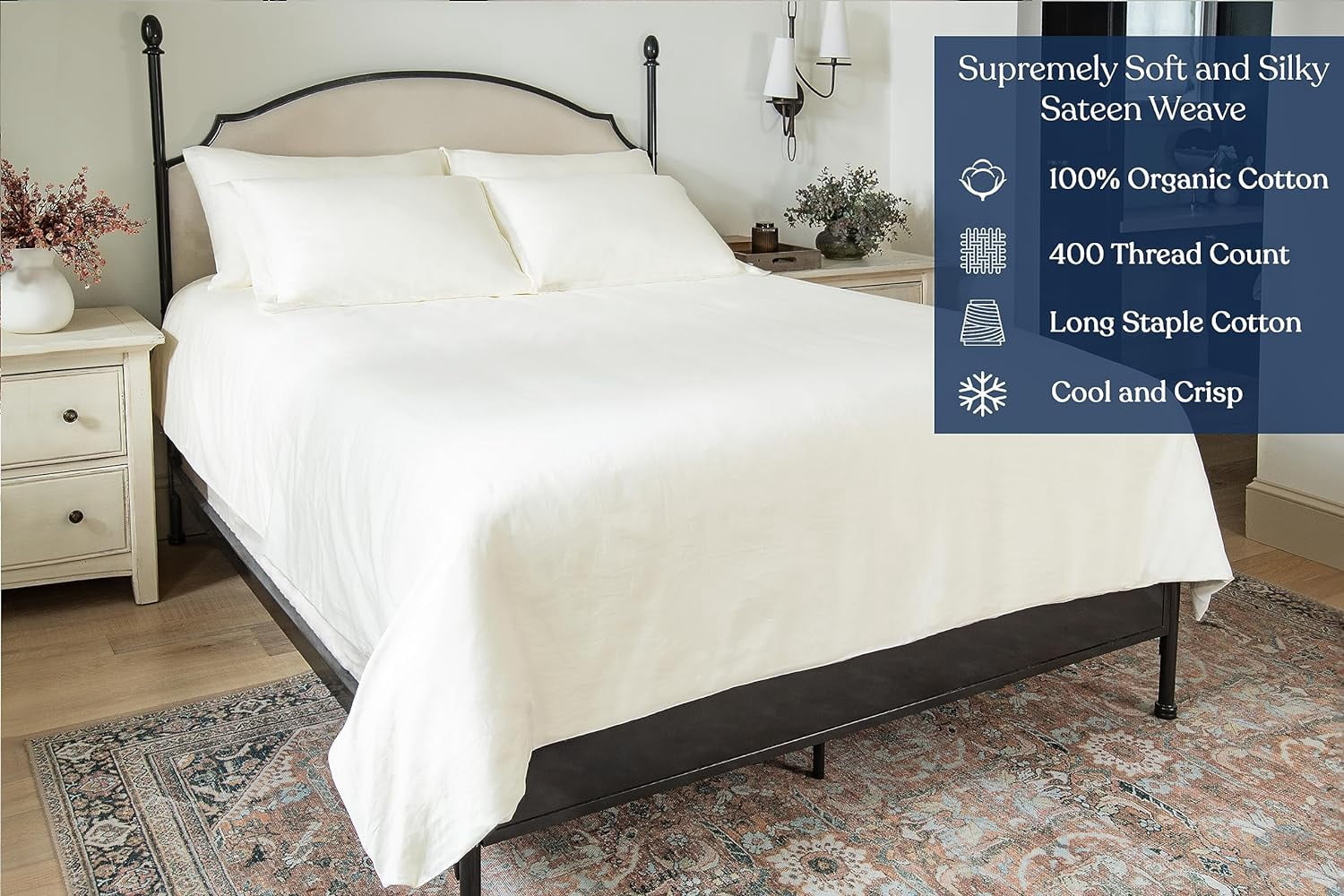Delara Full Size 7 Pieces Set GOTS Organic Cotton Sheet Bundle, Ultra Soft, Moisture-Wicking, Breathable, Long-Staple, Ivory