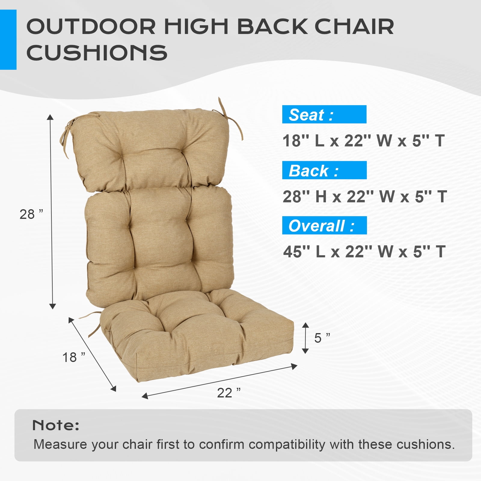 Aoodor Outdoor 45"x 22" x5" Tufted High Back Cushions Patio Replacement Chair Cushion with Ties, Water and Fade Resistant for All Weather (Brown, Set of 2）