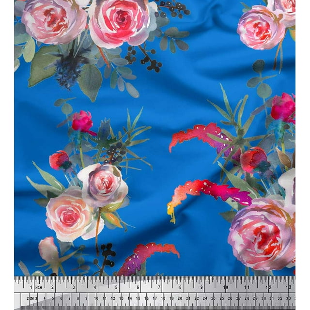 Soimoi Blue Viscose Chiffon Fabric Leaves & Ranunculus Floral Print Fabric by the Yard 42 Inch Wide