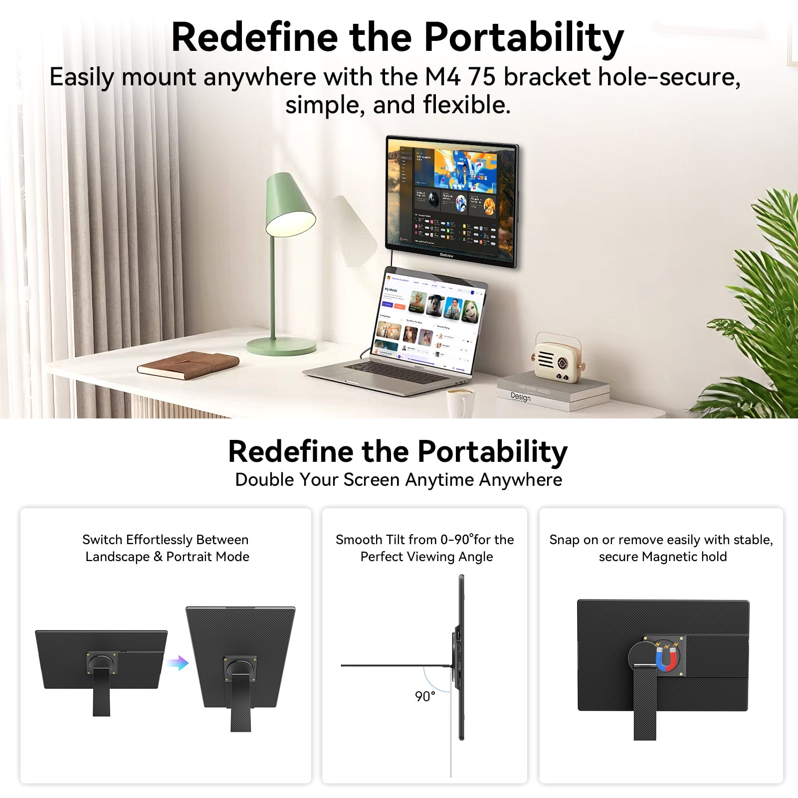 Blackview Laptop Screen Extender 16.1 Inch, Portable Monitor for Laptop with 360°Rotatable Magnetic Stand, FHD 1200P IPS Travel Monitor Laptop Screen, Plug&Play VESA/HDMI/Type-C for Wins/Mac/Android