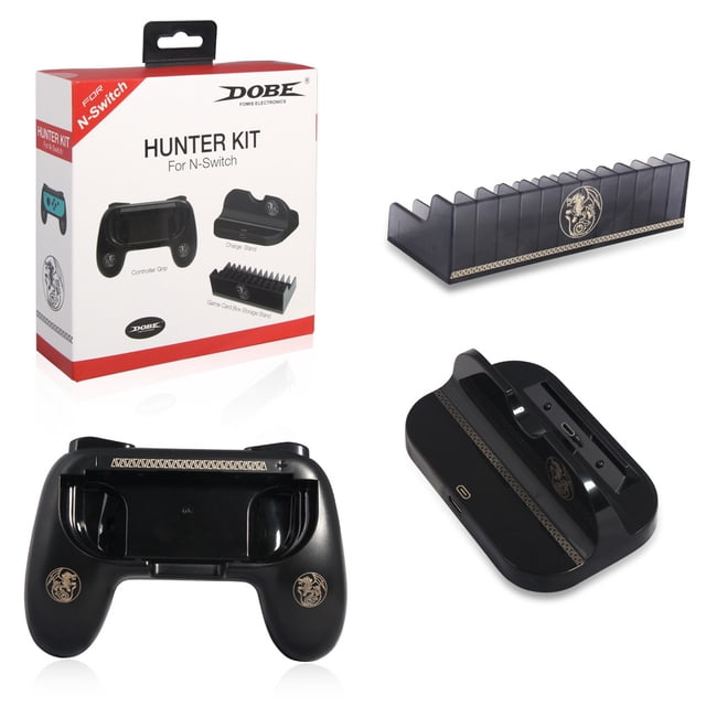 3 in 1 Accessory Kit for Nintendo Switch & Switch OLED – Game Disk Holder, Controller Grips, Charging Dock, Monster Hunter Design Bundle