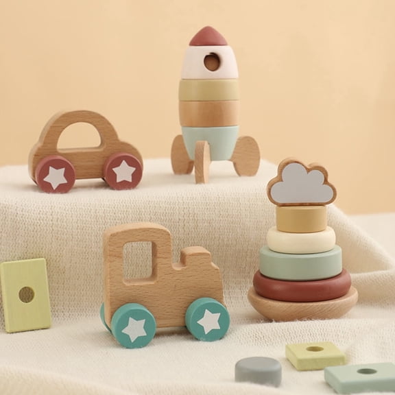 ZARKEA Vehicle Adventure Gift Set for Babies 10 Months,4-in-1 Wooden Stacker, Train, Rocket,Car