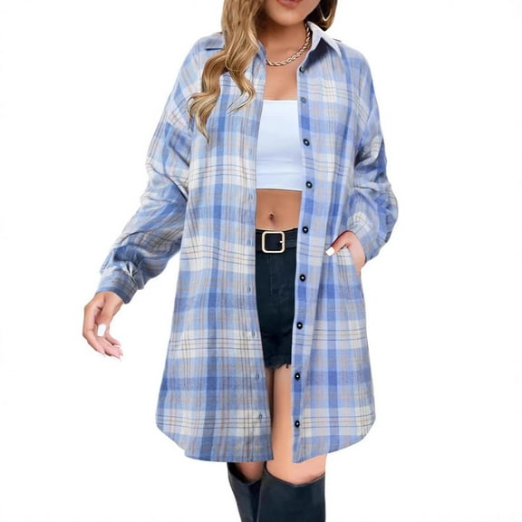 Women's Quilted Lightweight Jackets Women's Casual Button Plaid Shirts Long Flannel Shacket Jacket, Long Sleeve Loose Fitting Cardigan Blouses with Pockets Light Blue 3XL