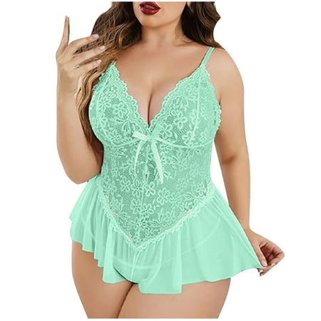 Sexy Lingerie  ZVNAH Plus Size Camisole Dress  Deep V Neck Lace Mesh Dress  Christmas Gifts for Women  Bow Tie On Chest  Clearance Lingerie for Women  See-through Ultra-thin Dress