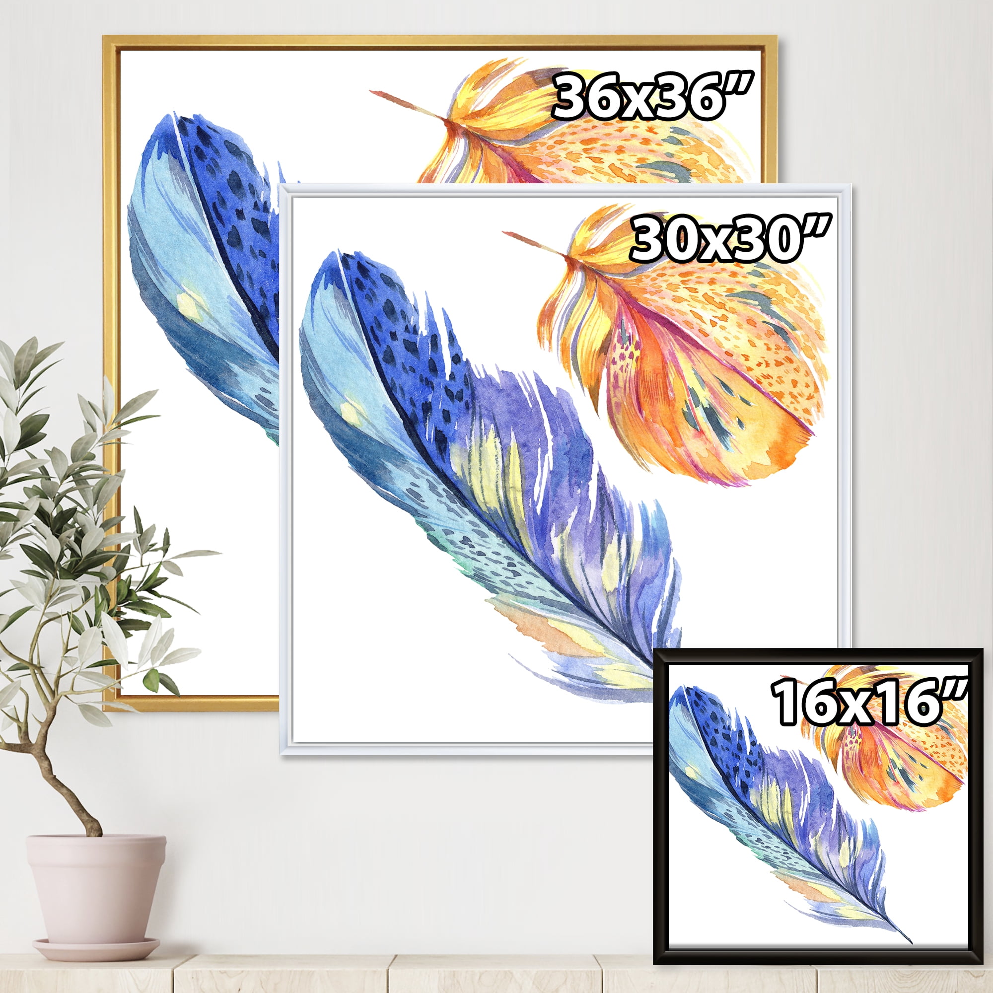 Designart 'Colorful Blue and Golden Bird Feather From Wing' Bohemian & Eclectic Framed Canvas Wall Art Print