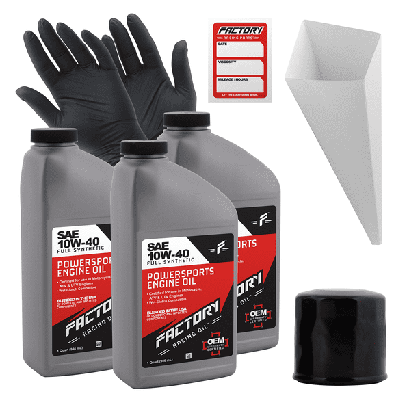 Factory Racing Parts Oil Change Kit compatible with Yamaha Grizzly/Kodiak 450 – Includes 3 Quarts of SAE 10W-40 Full Synthetic Oil, 1 Filter, 1 Funnel, 1 Oil Change Reminder Sticker