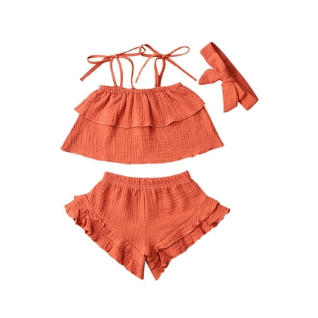 

IZhansean 3Pcs Toddler Baby Girl Summer Outfits Sleeveless Tank Tops+Ruffle Shorts Pants Headband Set Orange 1-2 Years