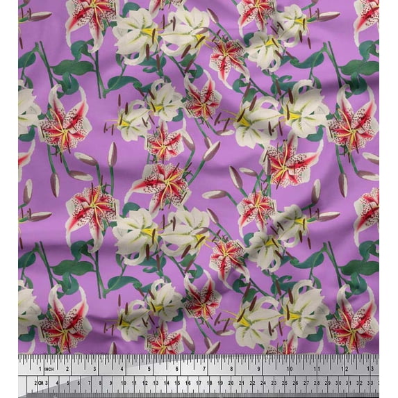 Soimoi Rayon Fabric Leaves, & Lily Floral Print Fabric by The Yard 42 Inch Wide