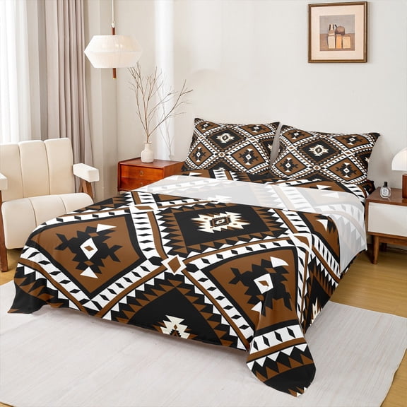 jejeloiu Vintage Aztec Rhombus Twin Sheet Sets,Brown Black White Twin Fitted Sheet,Boho Tribal Geometric Flat Sheet For Kids,Luxury Bedroom Decor,3 Pieces