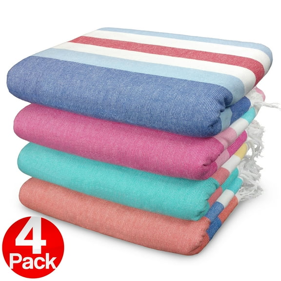 Kaufman - 4 Pack Sand Free Fouta Stripe Beach Towel Set - Large 36" X 70" Brushes Sand Easily