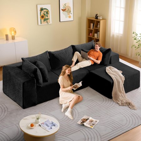 104" Cloud Sectional Couch with Sponge Cushion, L Shaped Couch Sofa, Modern Modular Sofa, Upholstered Couches for Living Room Bedroom, No Assembly Required,Black