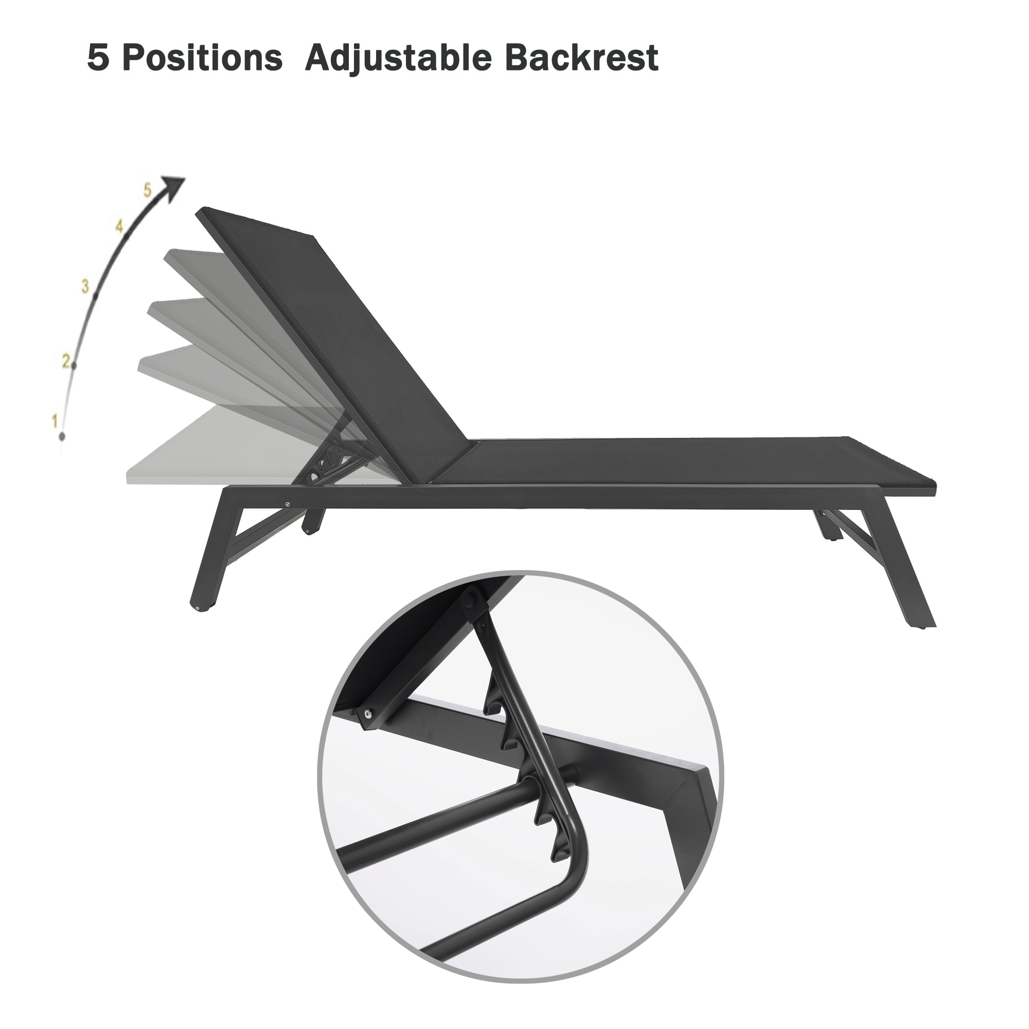 Seizeen Outdoor Chaise Lounge Chair, Five-Position Adjustable Patio Lounge Chair for Poolside Deck Porch Backyard, Black Aluminum Frame Furniture Set with Wheels - image 4 of 11