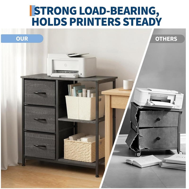 File Cabinet with 3 Drawers, Printer Stand with Open Shelves, Under Desk Storage Organizer for Home Office, Fabric Wood Top for Living Room