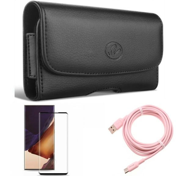 10ft Long USB-C Cable & Case Belt Clip & Screen Protector for Samsung Galaxy Note 20 Ultra (6.9") - Combo with Pink Charger Cord & Leather Swivel & Tempered Glass (Fingerprint Unlock)