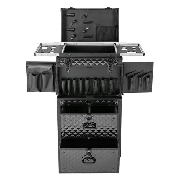 ToppiJoy 4 Layers Rolling Lockable Makeup Train Case, Hairdressing Trolley, Hairdressing Travel Case with Wheels for Barber Black (Style A)