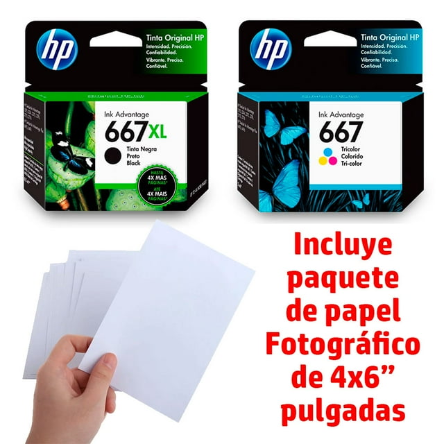 Combo de 2 cartuchos de Tinta HP 667 XL Negra + 667 Tri-Color + Paquete de Papel Foto HP 3YM81AL + 3YM78AL