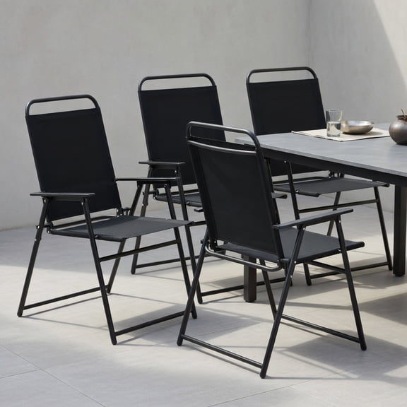 Resenkos 4-Piece Outdoor Folding Sling Chairs Set – Heavy-Duty Steel Frame, Padded Armrests & Quick-Dry Fabric – Gray/Black
