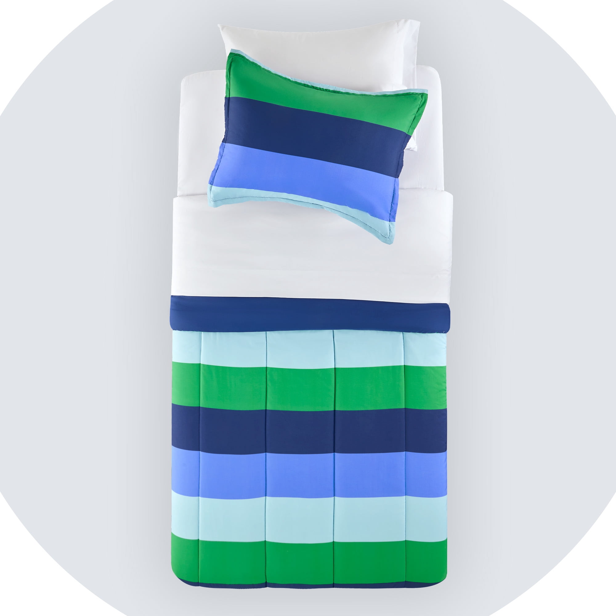 Sonive 7 Pieces Full/Queen Size Kids Comforter Sets , Hotel Collection for All Season, Advanced Digital Printing, Super Soft and Fluffy (Blue Green Rugby Stripe, Full/Queen)