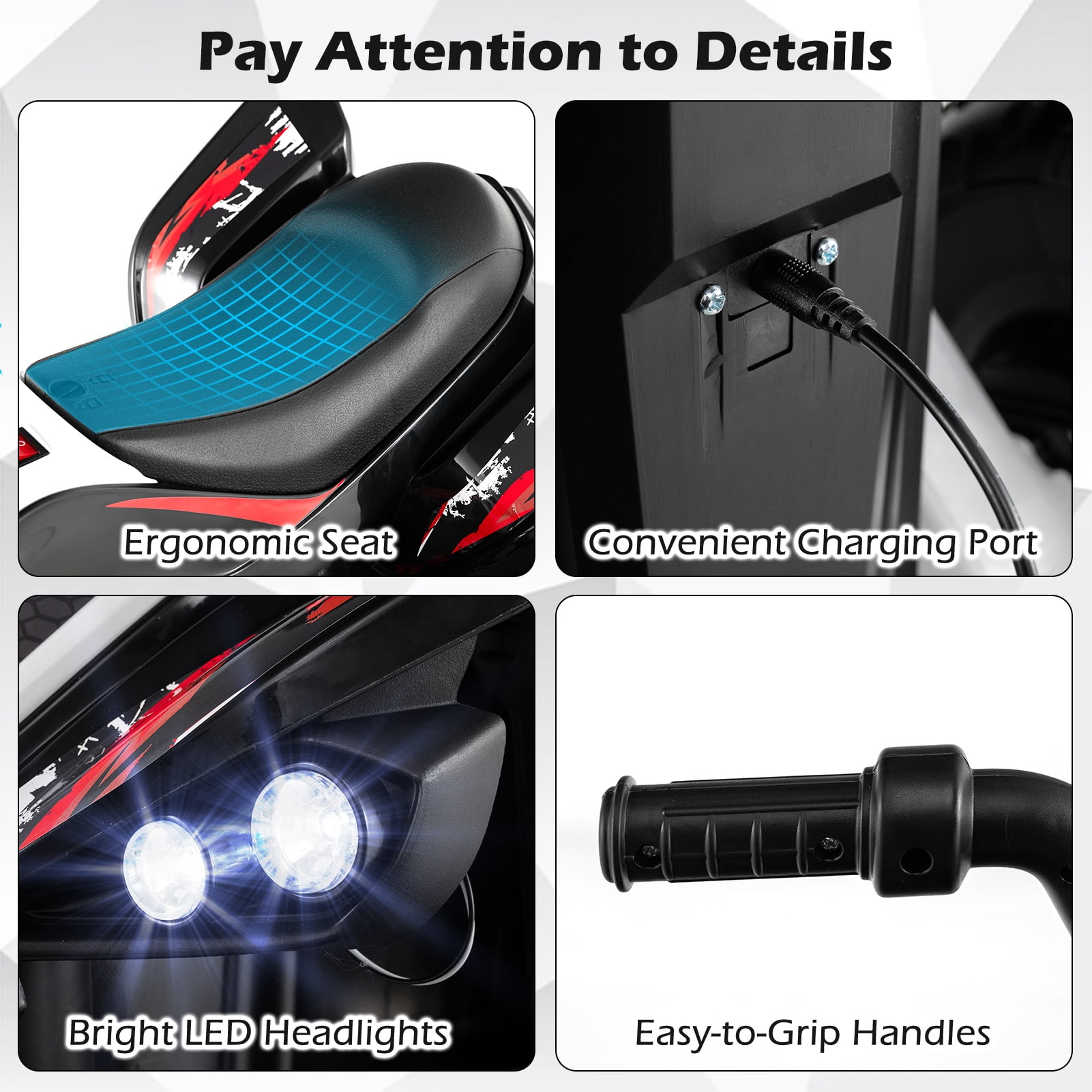 Costway 12V Quad 4 Wheeler Ride on Toy with Music, Light, USB Port, Wireless Connection Black