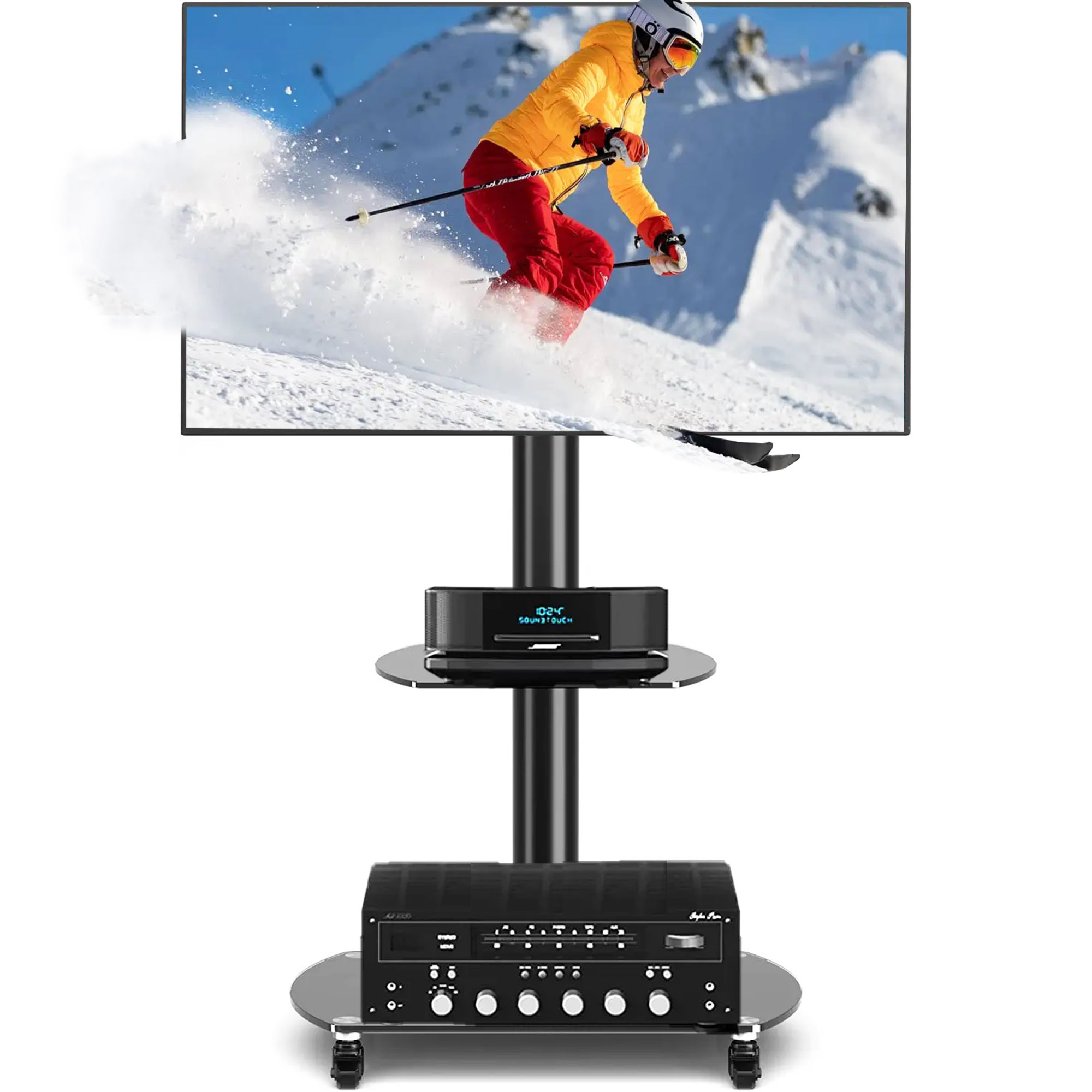 Modstyle Rolling Floor TV Stand with Mount, Swivel Glass TV Cart for 65